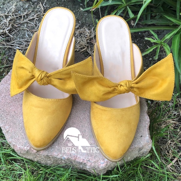 Mustard Stacked Leather Block Heel Bow Mule - Picture 7 of 8